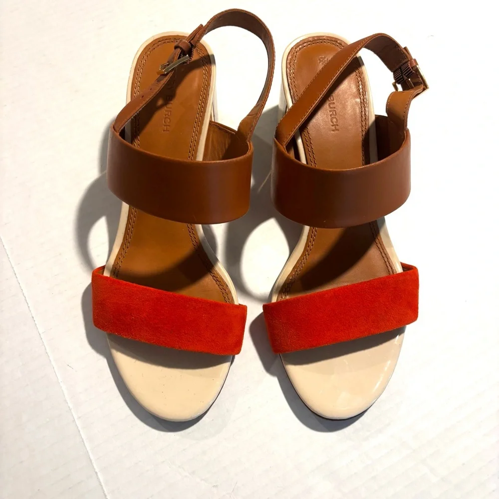 Tory Burch Two-Tone Tan and Orange Block Heel Sandals